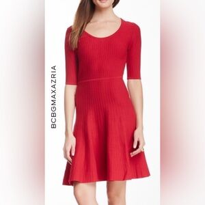 BCBG Max Azria Allie Vibrant New Red A-line Ribbed Flare Dress, Size M, NWT